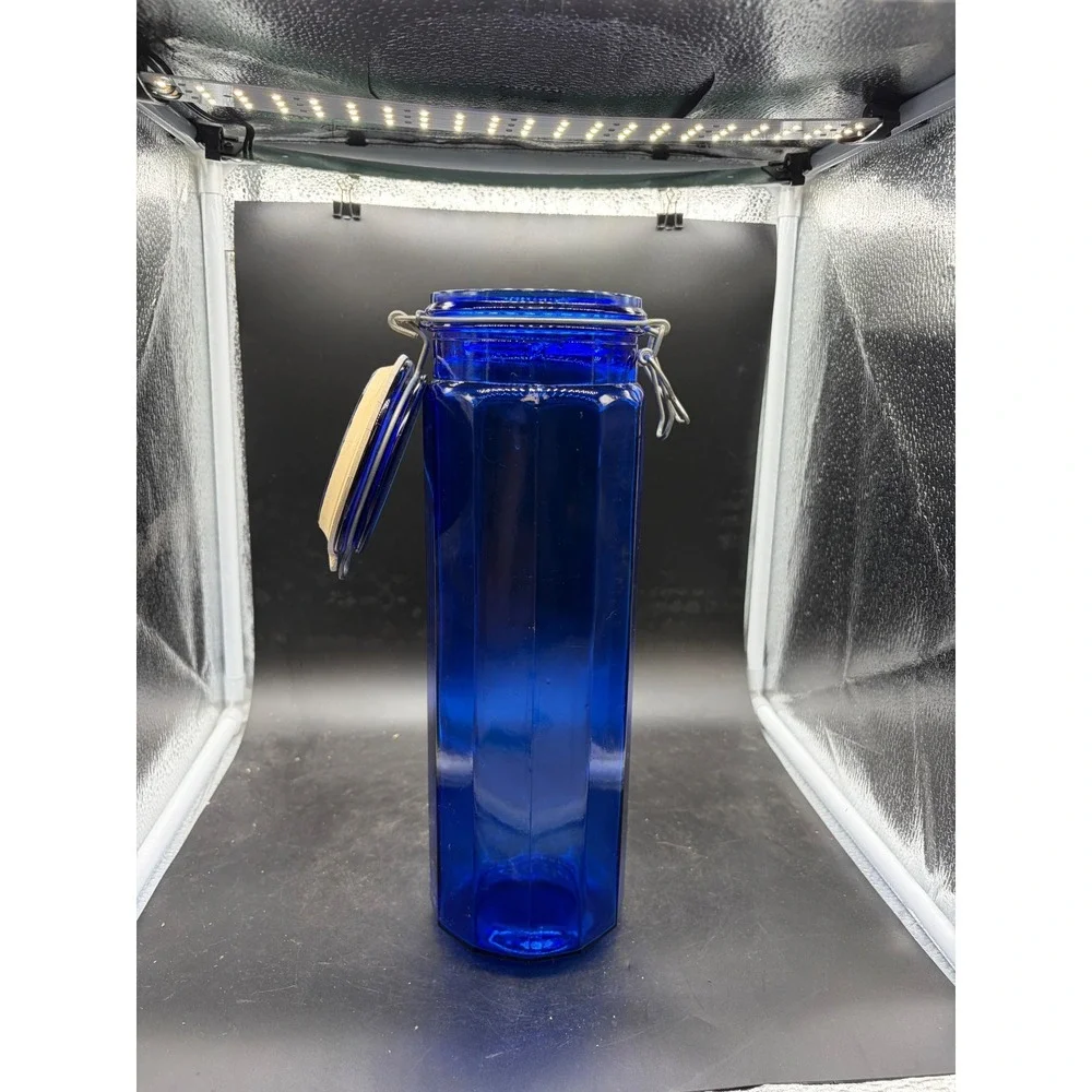 Vintage Cobalt Blue Glass Canister Octagonal Faceted Jar Wire Bale Swing Top Lid